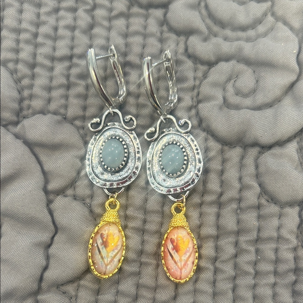 Hand-painted Flower Charm Gold & Silver Finished Dangle Earrings-NWT
